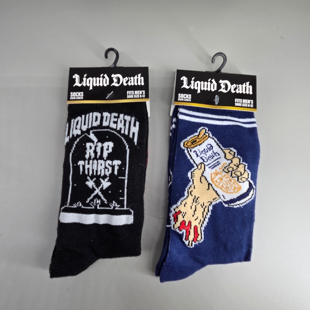 Liquid‎ Death Crew Socks Mens 6-12 2 Pack RIP Thirst Graphic Black Blue New